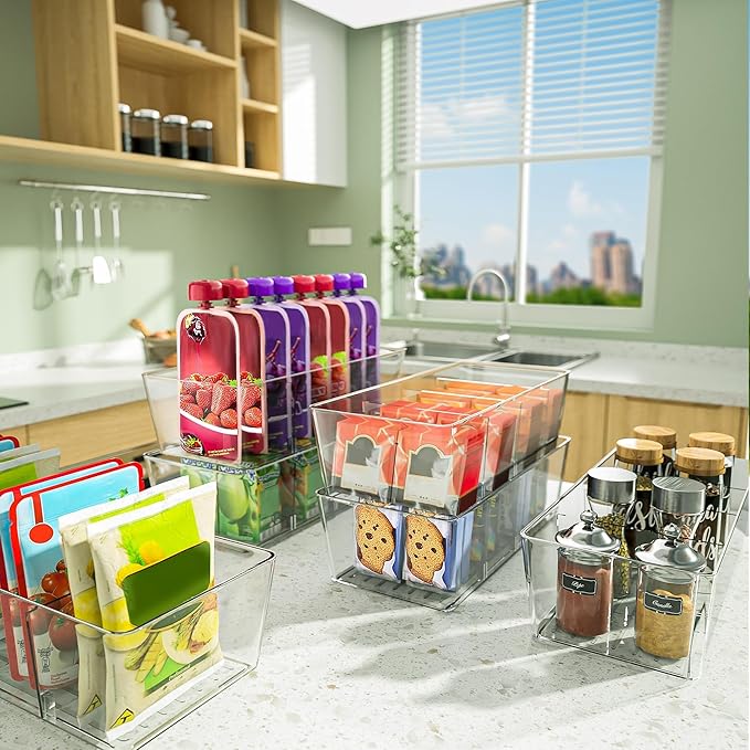 BALEINE Pantry Organizers and Storage Bins, Plastic Clear Storage Bins with 3 Removable Dividers, BPA-Free Fridge Organizers for Kitchen Cabinet Bathroom (10.5x6.1x3.5, 6PK)