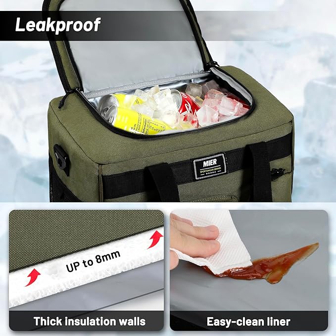 MIER Large Lunch Box for Men Women Adult Insulated Soft Sided Cooler 30 Can Leakproof Lunch Bag Collapsible for Work Travel Camping Beach, 18L (Army Green-No Luggage Strap)