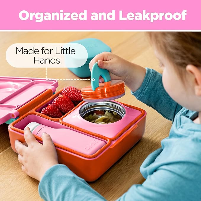 OmieBox Bento Box for Kids - Insulated Bento Lunch Box with Leak Proof Vacuum Insulated Food Jar - 3 Compartments, Two Temperature Zones (Pink Berry)