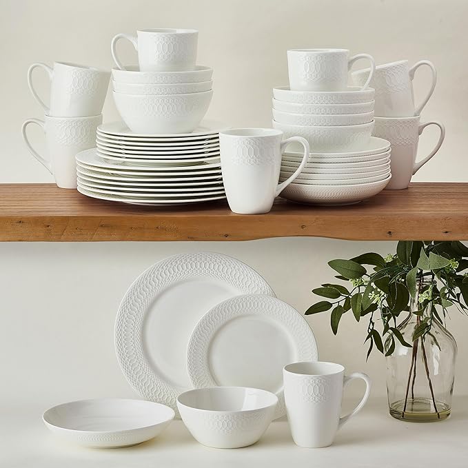 Mikasa Levi 40 Piece Bone China Dinnerware Set, Embossed Plates Bowls, Chip-Resistant, Lightweight, Elegant and Durable, Service for 8, White