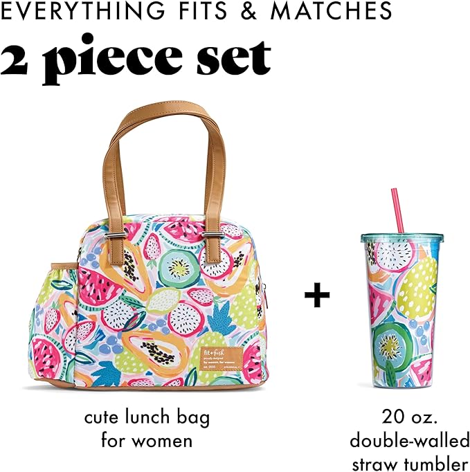 Fit & Fresh Lunch Bag For Women, Insulated Womens Lunch Bag For Work, Leakproof & Stain-Resistant Large Lunch Box For Women With Bottle Pocket, Long Straps, Zipper Closure Laketown Bag Fruit Tumbler