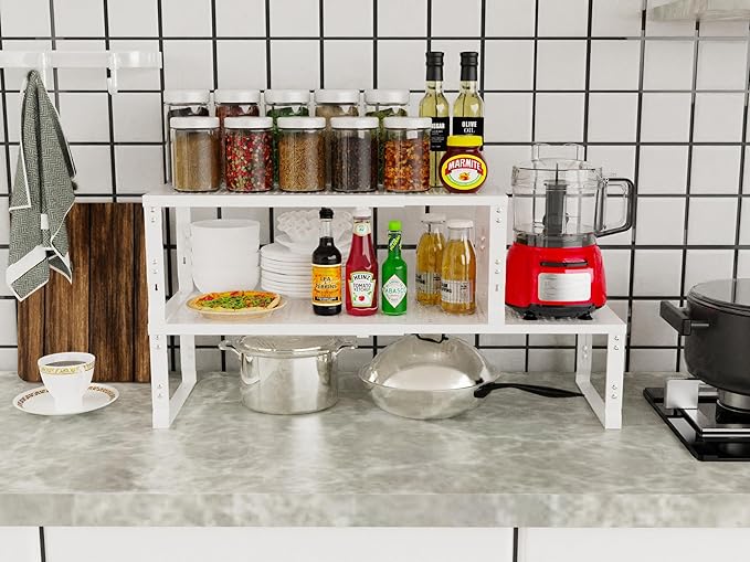Adjustable Expanable Stackable Spice Rack Shelf Pantry Storage Organizer for Kitchen Cabinet,Countertop,Bathroom and More.Space is no Longer Limited(1Pack/White/Large)