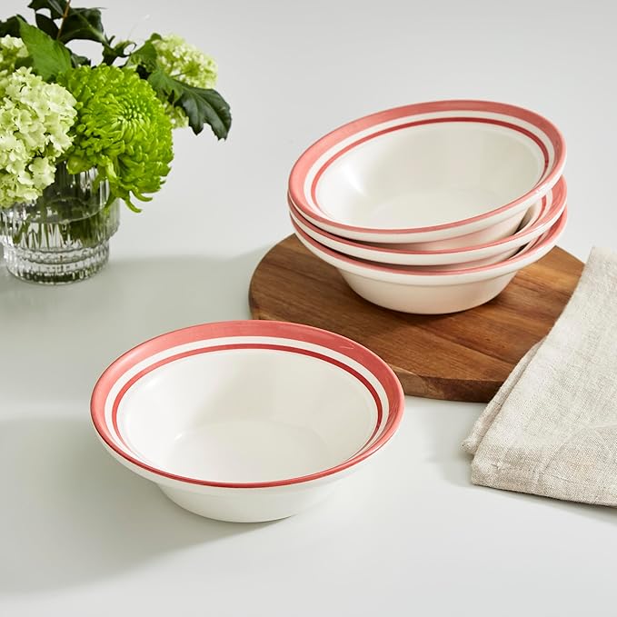 Portmeirion Potter’s Stripe Oatmeal Bowls (Set of 4) - Versatile Earthenware Bowls for Kitchen, Soups, Cereal & Desserts - Dishwasher & Microwave Safe - Made in UK Dinnerware Collection (Red Stripe)