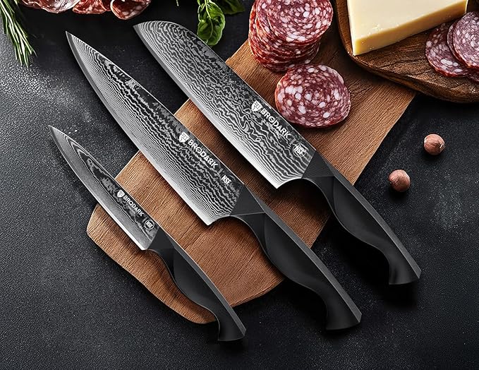 BRODARK Damascus Knife Set 3 PCS: Sharp Damascus Kitchen Knife Set, Professional Japanese Chef Knives with Ergonomic Full-Tang ABS Handle for Home, Restaurant (Dark Horse Series)