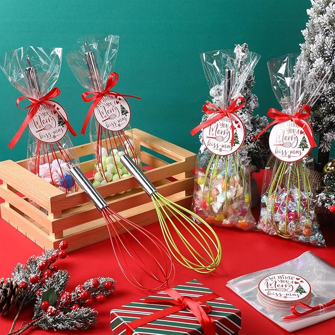 48 Sets 12 Inch Christmas Whisks Gifts DIY Fillable Christmas Tree Ornaments Xmas Colored Silicone Whisks for Cooking Heat Resistant Egg Beaters with Card Rope Bag for Candy Holder