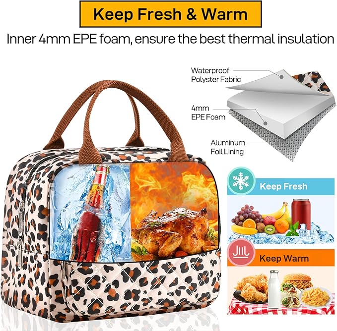 HOMESPON Lunch Bag for Woman Man Adults with Front Pocket Insulated Lunch Tote Lunch Box Container for Work Picnic or Travel(Leopard)