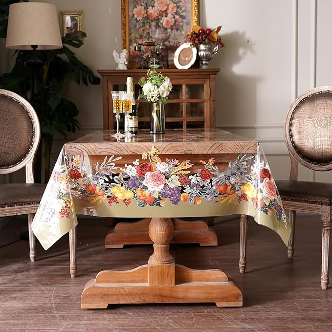 Clear Table Cover Protector Vinyl PVC Rectangle Table Cloth Oil Spill Proof Plastic Tablecloths for Dining Tables Parties Holidays (Floral Fruit, 60 x 120 Inches)