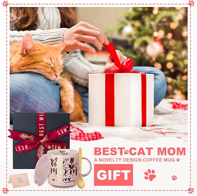 Cat Mom Gifts for Women, Cat Gifts for Cat Lovers - Best Cat Mom Ever - 14oz Pink Ceramic Marble Gold Pattern Coffee Mug with Gift Box, Christmas gifts for Crazy Cat Lady, Mom Wife Daughter Friends