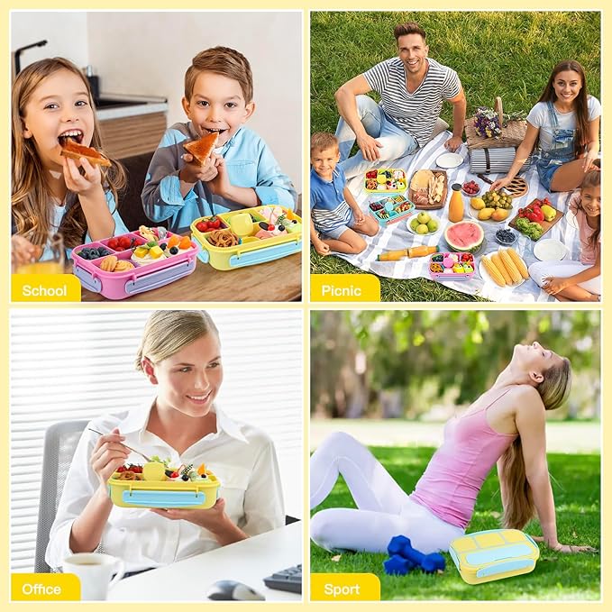 MaMix Bento Lunch Box for Adults/Kids/Students - 1300ML 4-Compartment Container (Yellow)