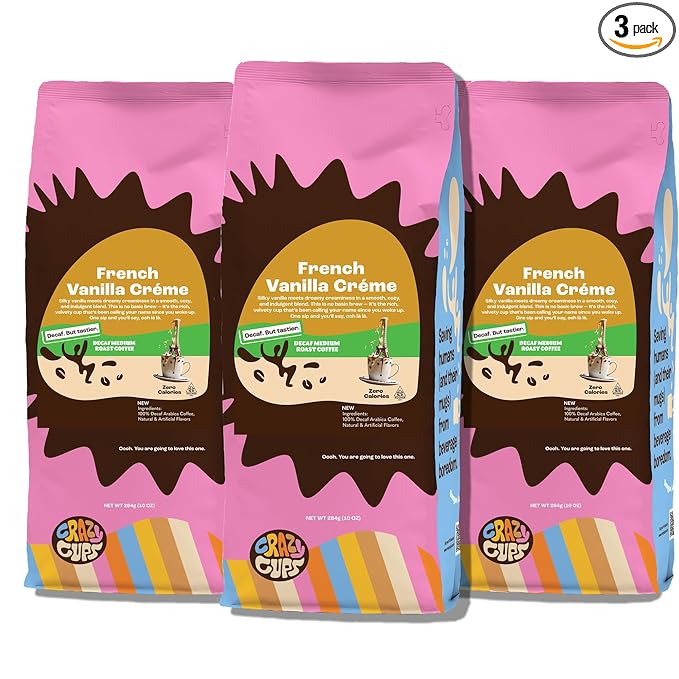 Crazy Cups Decaf Flavored Ground Coffee, French Vanilla Crème, Brew Hot or Iced Coffee, 10 Oz Bags, 3 Pack