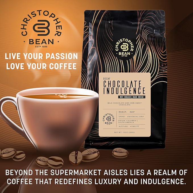 Christopher Bean Coffee - Certified Kosher - Decaf Ground Universal Drip Chocolate Indulgence Flavored Coffee| coffee beans with Medium Roast 100% Arabica, No Sugar, No Fats, Non-GMO | 10 - Ounce Bag