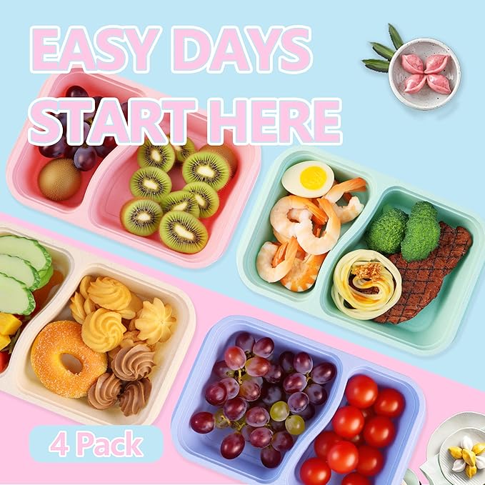 Finorder 4 Pack Wheat Straw Containers, Colorful 2 Compartment Reusable Snack Bento Box Toddler, Rectangle Meal Prep Food Containers for Adults Office and Travel