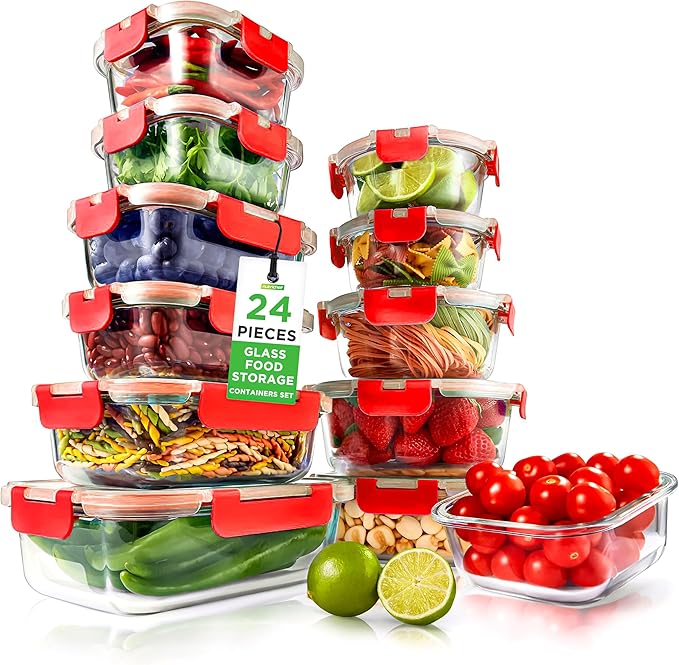 NutriChef 24 Piece Glass Food Storage Containers with Lids - Airtight Glass Meal Prep Containers, Bento Lunch Boxes, Hinged Lock Lid, For Meal Prep, Kitchen Storage, Freezer (12 Containers & 12 lids)