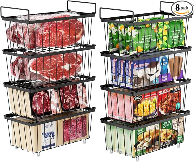 iSPECLE Freezer Organizer Bins - 8 Pack Small Stackable Deep Freezer Organizer Bins for 7 Cu.Ft Freezers Easy Get Bottom Foods without Digging, Chest Freezer Organizer Prevent Frozen Food Waste, Black