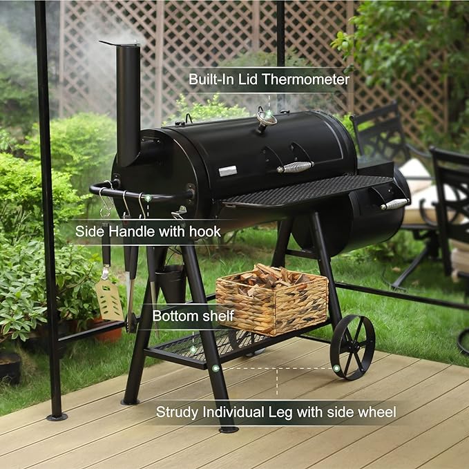 MFSTUDIO Heavy Duty Charcoal Wood Offset Outdoor Smoker Grill, Extra Large Charcoal Grill with Smoker Combo for BBQ Grilling, 941 SQ.IN.