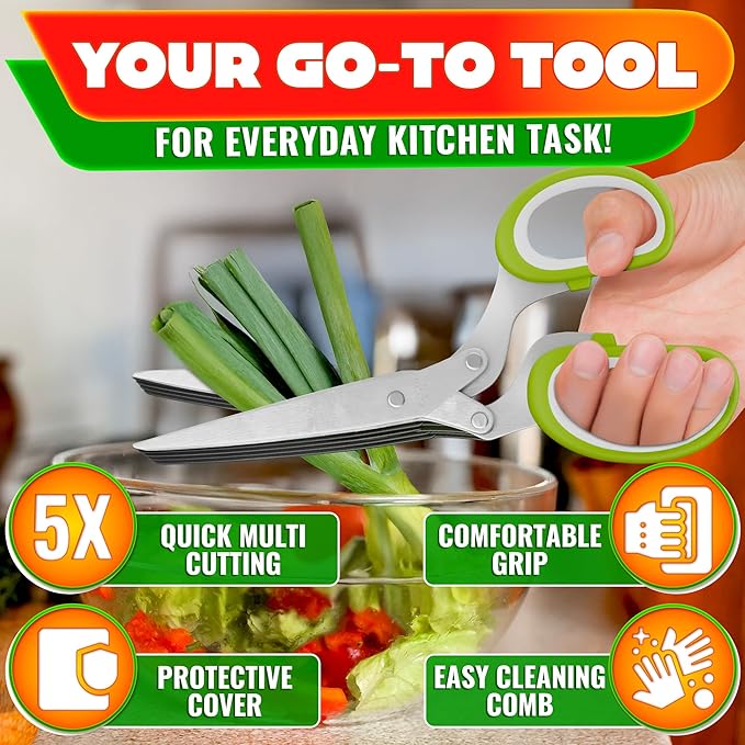 Herb Scissors with 5 Blades and Cover – Stainless Steel Herb Cutter for Fast & Precise Cutting, Compact, Easy-to-Store Design – Ergonomic Handle & Cleaning Brush for Quick and Comfortable Kitchen Prep