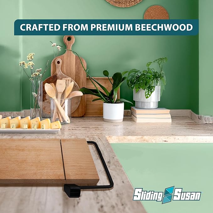 SlidingSusan Cheese Cutting Board - 11” Beech Wood with Black Stainless Steel Slicer - Charcuterie Block for Hard & Soft Cheeses, Butter, Meat – Heavy Duty Handheld Kitchen Tool
