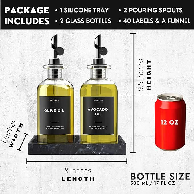 Clear Glass Olive Oil Dispenser Bottles For Kitchen With Silicone Tray & 40 Labels, Soy Sauce Dispenser, Coffee Syrup Dispenser, Olive Oil Bottles Set Of 2, Black 500ml / 17oz
