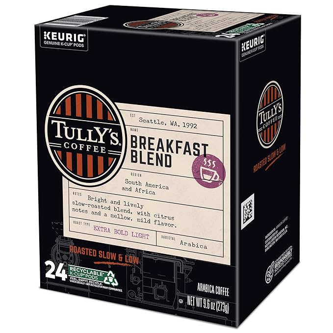 Tully's Coffee Breakfast Blend Keurig Single-Serve K-Cup Pods, Light Roast Coffee, 96 Count