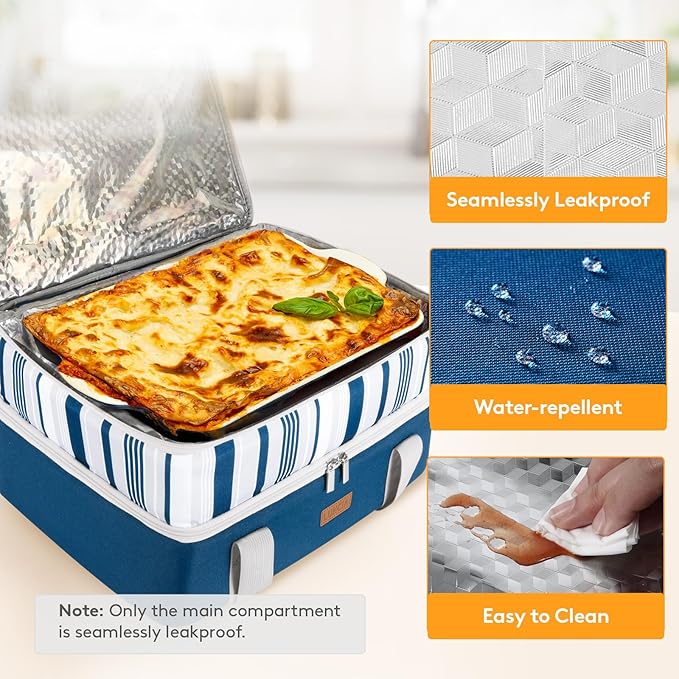 LUNCIA Double Decker Insulated Casserole Carrier for Hot or Cold Food, Lasagna Holder Tote for Potluck Parties/Picnic/Cookouts, Fits 9"x13" Baking Dish, Blue