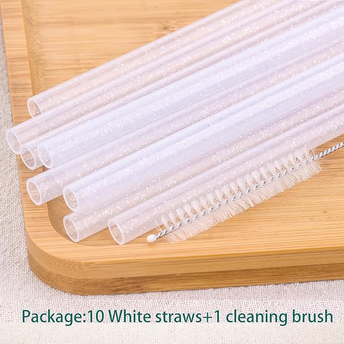 Dakoufish Replacement Glitter Straws for Stanley|Owala|Simple Modern 40oz 30oz Tumbler,10 Pack 12 Inch Reusable White Straws With Cleaning Brush For Stanley Hydro Jug Cup,Dishwasher Safe