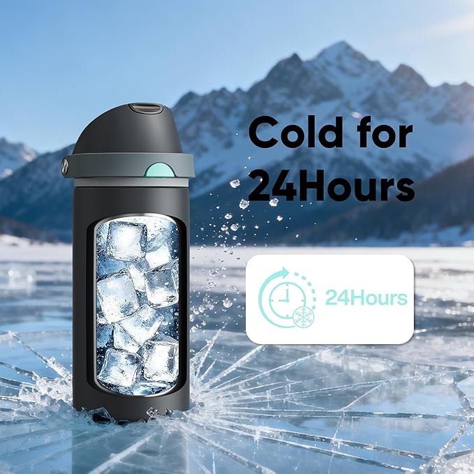 Insulated Water Bottle with Straw - Encool Stainless Steel Water Bottle with Push Button Lid, Leak-Proof & BPA-Free, Keeps Cold for 24 Hours for Sports, Travel, Gym (18 oz, Tuna Grey-Green)