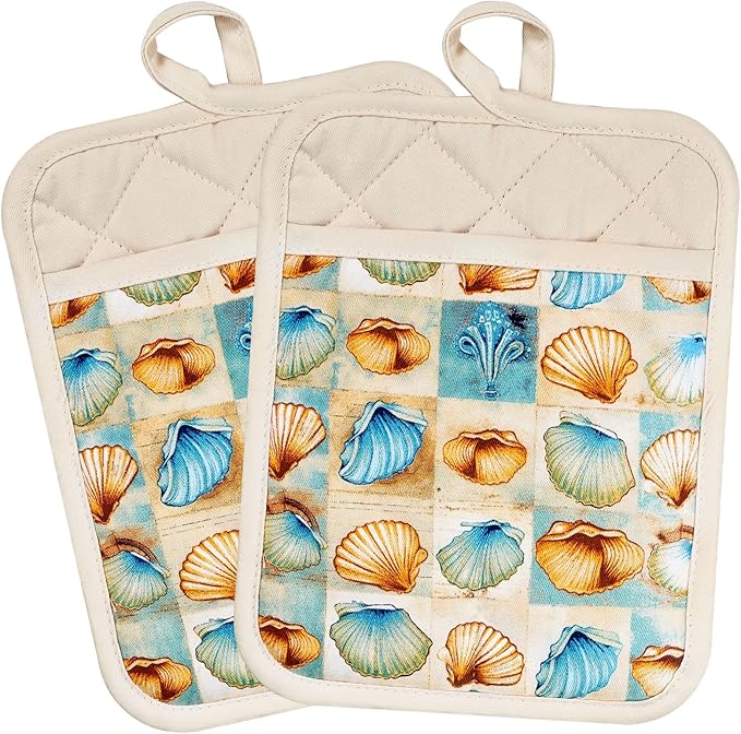 Pot Holders Set of 2 Heat Resistant 480 ℉Non Slip Clear Silicone Printed Comfortable Cotton Lining Kitchen Women Men Cooking Baking Microwave Machine Washable (Shell, Beige potholders)