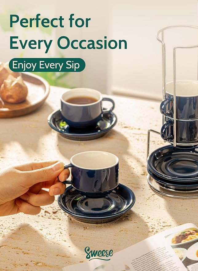 Sweese 2.5 Ounce Porcelain Stackable Espresso Cups with Saucers and Metal Stand Set of 4, Navy