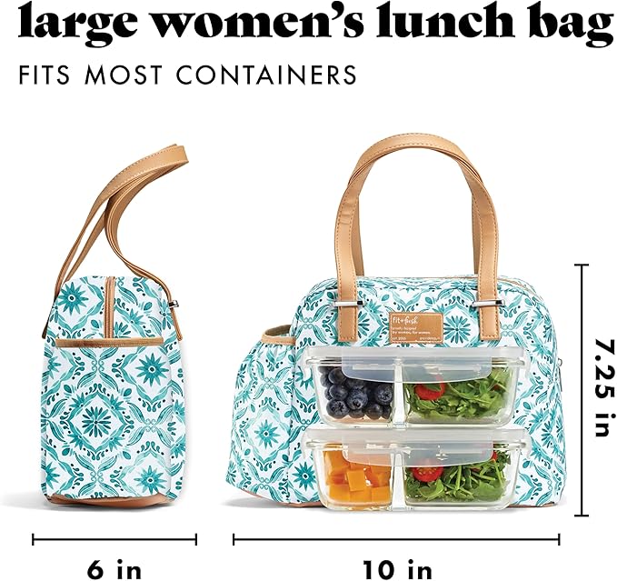 Fit & Fresh Insulated Leakproof & Stain-Resistant Large Lunch Box For Women With Expandable Bottle Pocket, Zipper Closure Laketown Lunch Bag Aqua