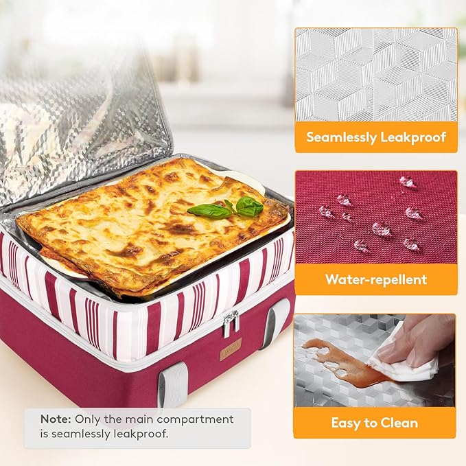 LUNCIA Double Decker Insulated Casserole Carrier for Hot or Cold Food, Lasagna Lugger Tote for Potluck Parties/Picnic/Cookouts, Fits 9"×13" Baking Dish, Red