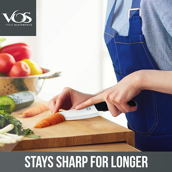 Vos Ceramic Knife Set with Peeler, Ceramic Knives Set For Kitchen, Ultra Sharp Kitchen Knife Set with Covers, 3" 4" 6" Paring, Utility & Chef Knife, Lightweight, Dishwasher safe (Black Handle)
