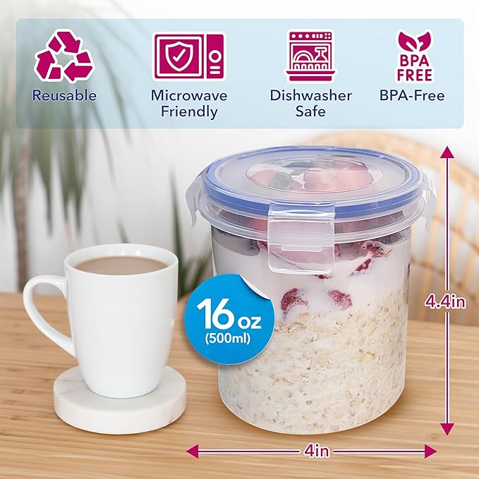 Overnight Oats Container with Lids (4-Piece set) - 16 oz Plastic Containers with Lids - Oatmeal Container to go | Portable Cereal and Milk Container on the go | Airtight Snap Lock Storage Jars