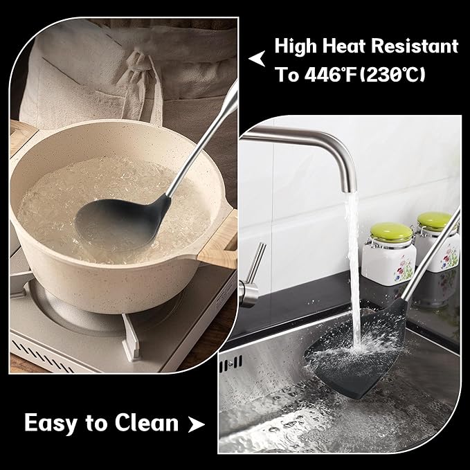 FJNATINH Silicone Wok Spatula,Ladle,Skimmer Tool Set - Stainless Steel Wok Tools, Wok Utensil,Non Stick Heat-Resistant Cooking Utensils BPA Free Kitchen Utensils Cookware (Black Stainless Steel-3PCS)