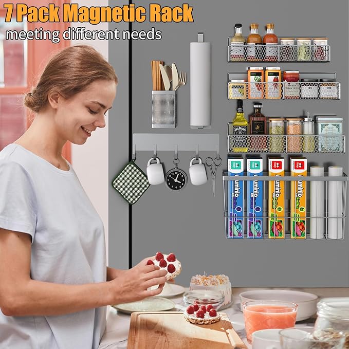 Magnetic Spice Rack for Refrigerator, 7 Pack 100% Metal Strong Magnet Shelf, Spice Organizer W/ Paper Towel Holder, Hook Rack, Utensil Caddy & Cutting Board Holder, Home Kitchen Organization (Grey)