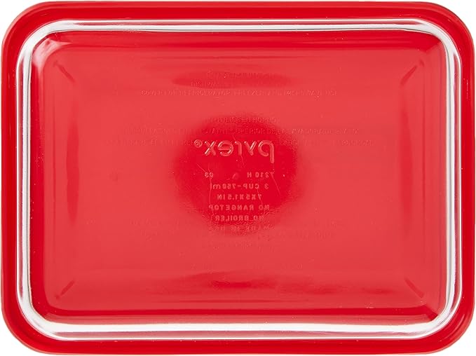 Pyrex 3-Cup Single Rectangular Food Storage Container with Lid, Non-Toxic, BPA-Free Lid, Tempered Non-Pourous Glass, Microwave, Dishwasher, Freezer and Oven Safe, Red (Pack of 2)