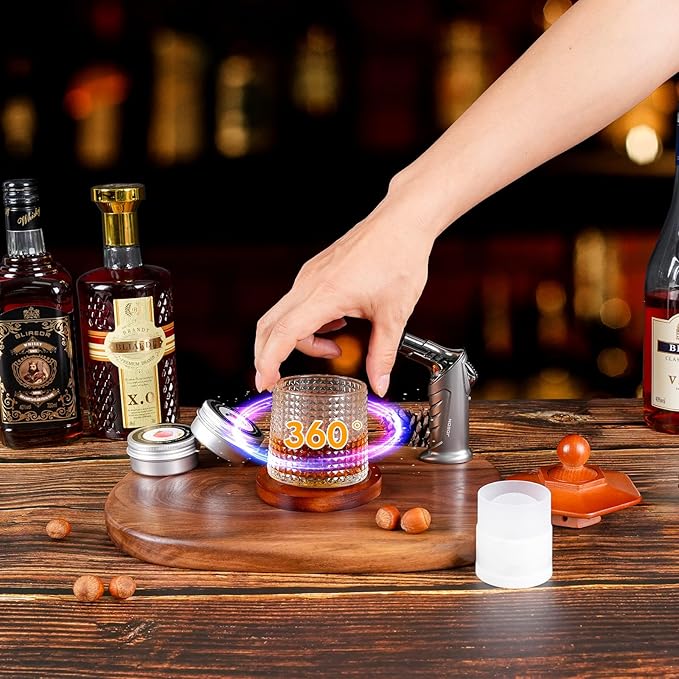 Whiskey Smoker Kit with Torch - 6 Flavors Wood Chips, 2 Rotatable Whiskey Glasses, 2 Ice Ball Molds - Cocktail Smoker Infuser Kit, Old Fashioned Smoker Kit, Birthday Gifts for Men, Dad(NO Butane)