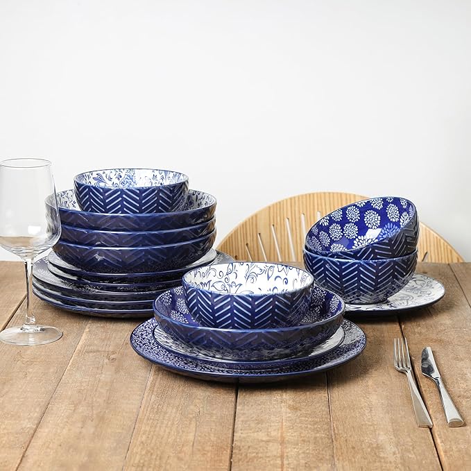 Selamica Ceramic Plates and Bowls Sets, 32 Pieces Dinnerware Sets for 8, Scratch Resistant Embossed Dishes Set for Family Gatherings, Dishwasher & Microwave Safe, Dark Blue