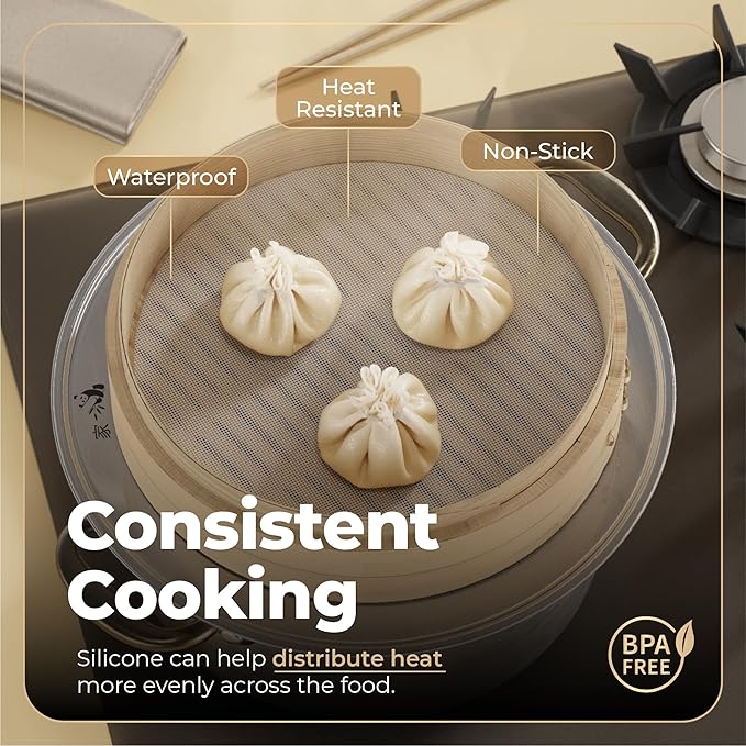 Prime Home Direct Bamboo Steamer Silicone Liners 12-Inch | 6 Count | BPA Free | Reusable & Non Stick for Air Fryer, Dumpling Food Steam Pot & Dim Sum Steaming | Round Mesh Parchment Baking Sheet Paper