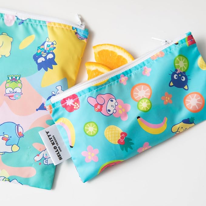 Bumkins - Cloth Snack & Sandwich Bags - For Storage, Travel, Food Prep, Lunch - Reusable, Water Resistant, Washable, Dishwasher Safe - Snack Bags for Kids - Zipper Closure - Hello Kitty - 3 Pack