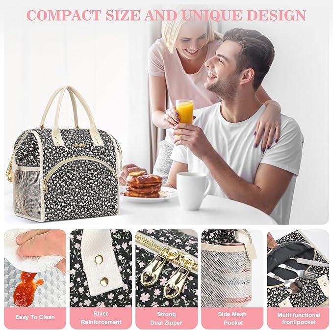 LOKASS Insulated Lunch Bag Women- Reusable 10 L Lunch Box for Women - Leakproof Tote Cooler Bag for Adults Work, Beach, Travel, Picnic （Black Small Florals）