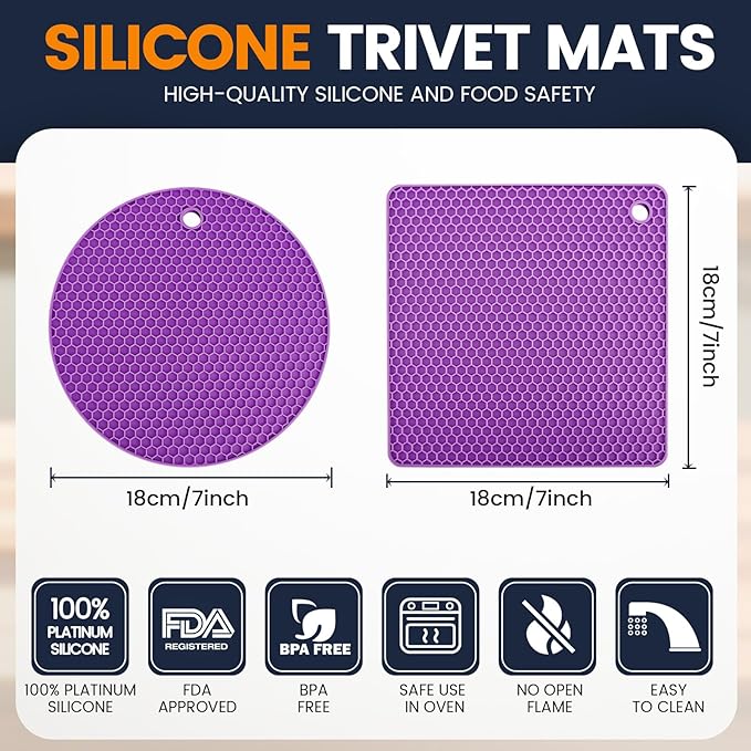 Silicone Trivet Mats 4 Heat Resistant Pot Holders Multipurpose Non-Slip Hot Pads for Kitchen Potholders, Drying mat, Jar Opener, Spoon Holder, Coaster(Violet)