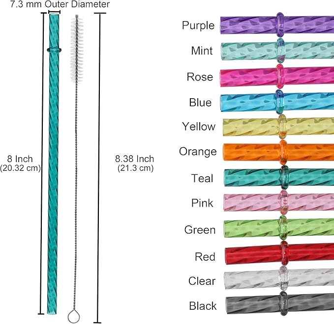Dakoufish 8 Inch Reusable Clear Plastic Swirl Drinking Straws for 12 oz & 16 oz Mason Jar Tumblers,Set of 12 Pcs Replacement Straws with Cleaning Brush (8inch,12color)
