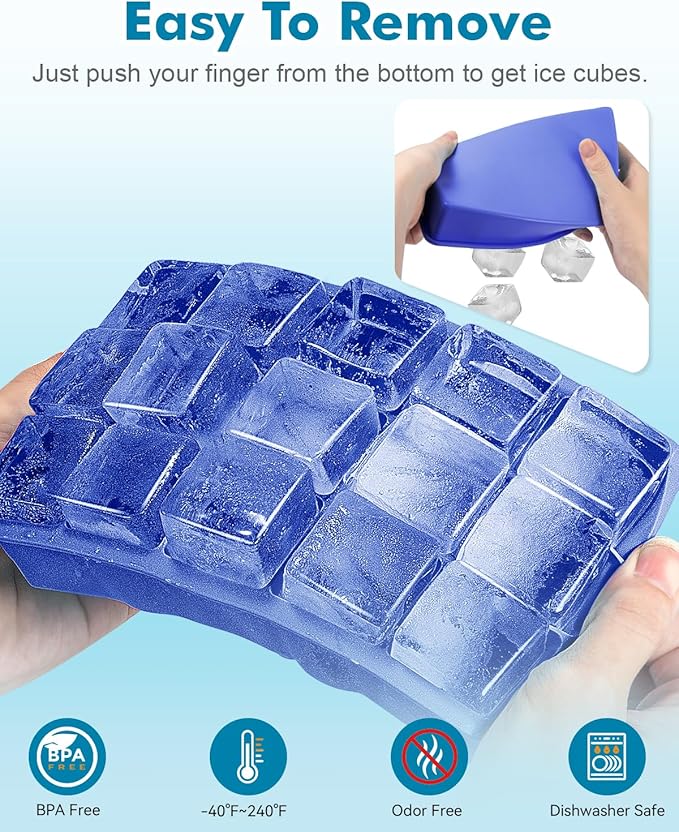 2 Pack Silicone Ice Cube Trays for Cocktail, Easy Release Square Ice Cubes Mold for Freezer, Best Rubber Ice Cube Tray for Whiskey, Coffee, Easy Release Mini Fridge Old Fashioned Silicone Ice Tray