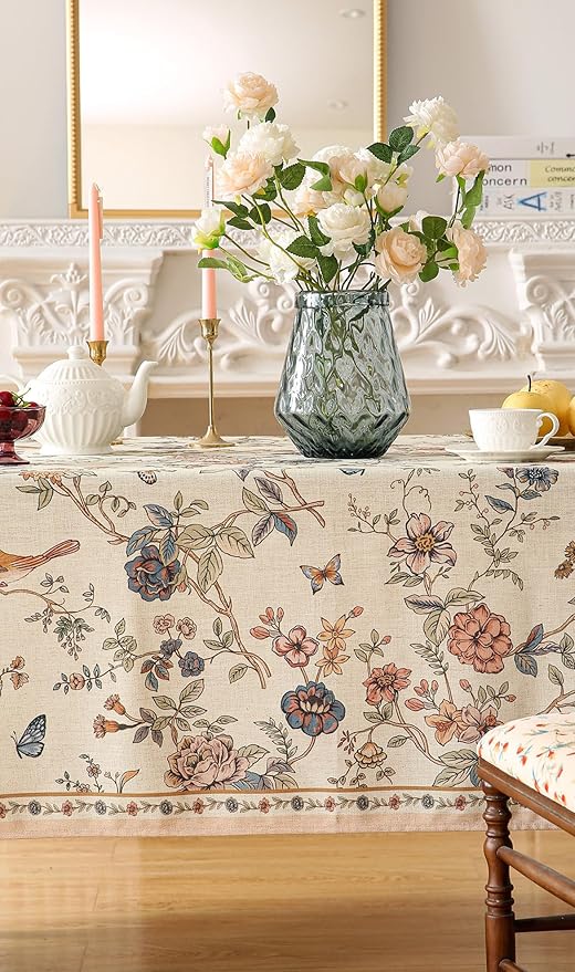 ISAENNE Designer French Light Beige Extra Long Rectangle Tablecloth,Linen Florals and Birds Pattern Table Cloth,Durable Decorative Tablecloths for Dining Thanksgiving Kitchen,63"*110"-Cornucopia