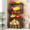 2pcs Fruit Basket Kitchen Storage Basket with Wood Lid, Stackable Wall Basket Fruit Basket for Kitchen, Countertop Organizer for Snack, Fruit and Veggie Storage, 11.8 x 7.9 x 8.5 Inch