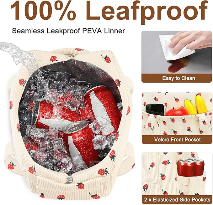 Corduroy Lunch Box Lunch Bag for Women Adults Men, Cute Strawberry Insulated Work Reusable Leakproof Simple Large Lunch Boxes Tote Bag Adults Cooler Bag, with Shoulder Strap