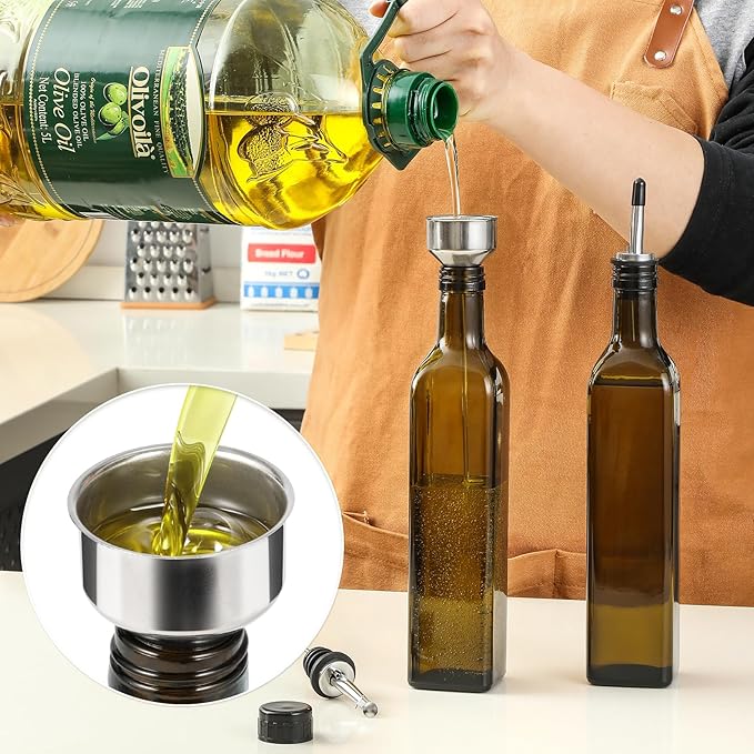 AOZITA 17oz Glass Olive Oil Dispenser - Oil and Vinegar Cruet Bottle with Stainless Steel Pourers - Funnel For Easy Refill - Olive Carafe Decanter for Kitchen