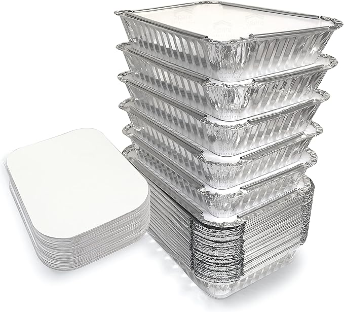 Spare Essentials 55 Pack - 2.25 LB To Go Aluminum Containers with Lids - Heat Proof Foil Tins for Meal Prep, Take Out, Freezer Meals