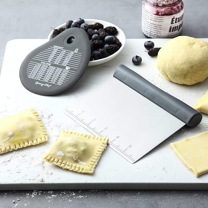Spring Chef Gray Bench Scraper - Stainless Steel Dough Cutter Tool with Bowl Pastry Scraper for Pizza, Bread, Cake - Pastry Knife - Kitchen Dough Scraper for Baking - Food Scraper with Markings