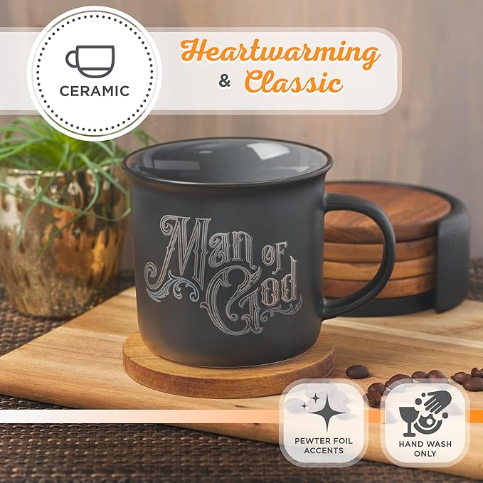 Christian Art Gifts Charcoal Gray Camp-Style Ceramic Coffee Mug – 13 oz. Lead and Cadmium-Free Non-Toxic Inspirational Scripture Coffee and Tea Mug for Men with Bible Verse: Man of God –1 Timothy 6:11